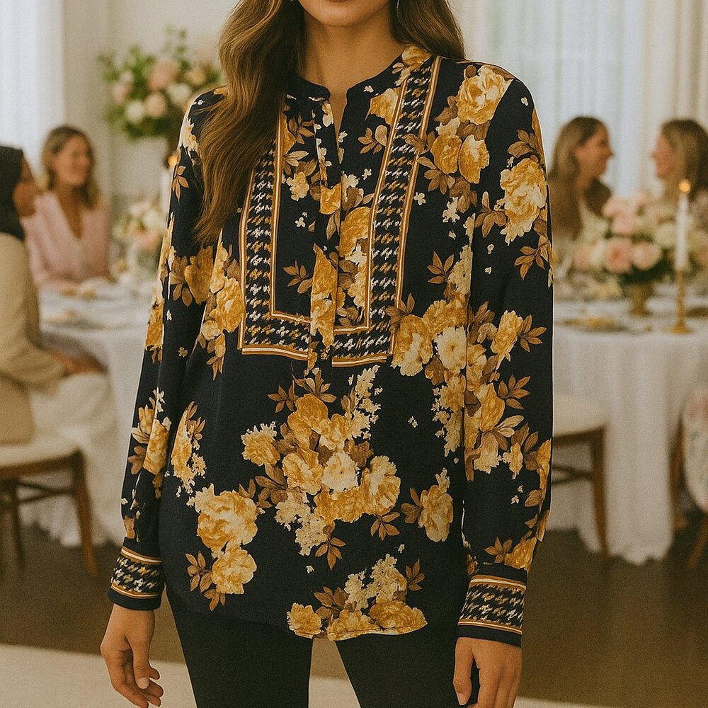 Charter Club Floral Gold intreped Bleu cmb 1/2 Button Down Blouse Size: Petite P